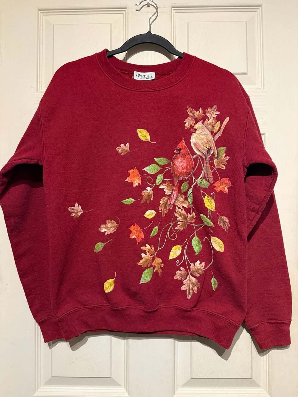 Vintage Artisans Sweatshirt Size SM Red Cardinal Birds Fall Autumn Leaves